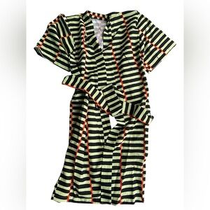 IKEA Striped Black and Green Kimono Robe with Red Accents